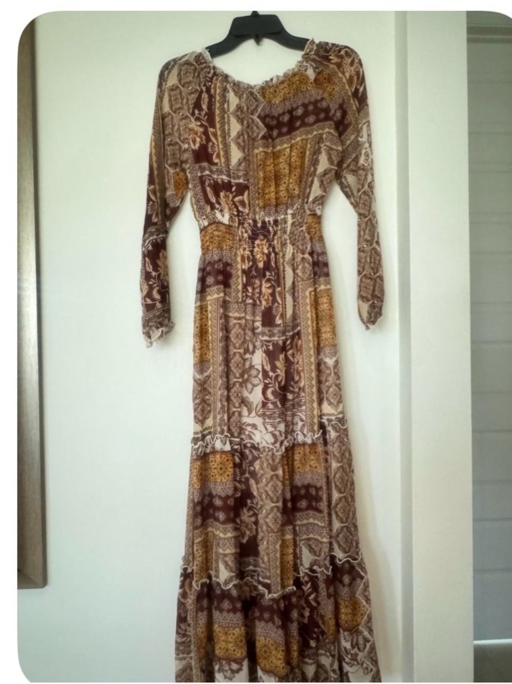 Bohemian Long Sleeve Maxi Dress in Brown and Cream